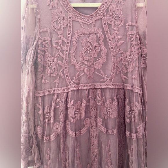 Boho Long Sleeve Sheer Lace Overlay MIDI Dress - Picture 2 of 6